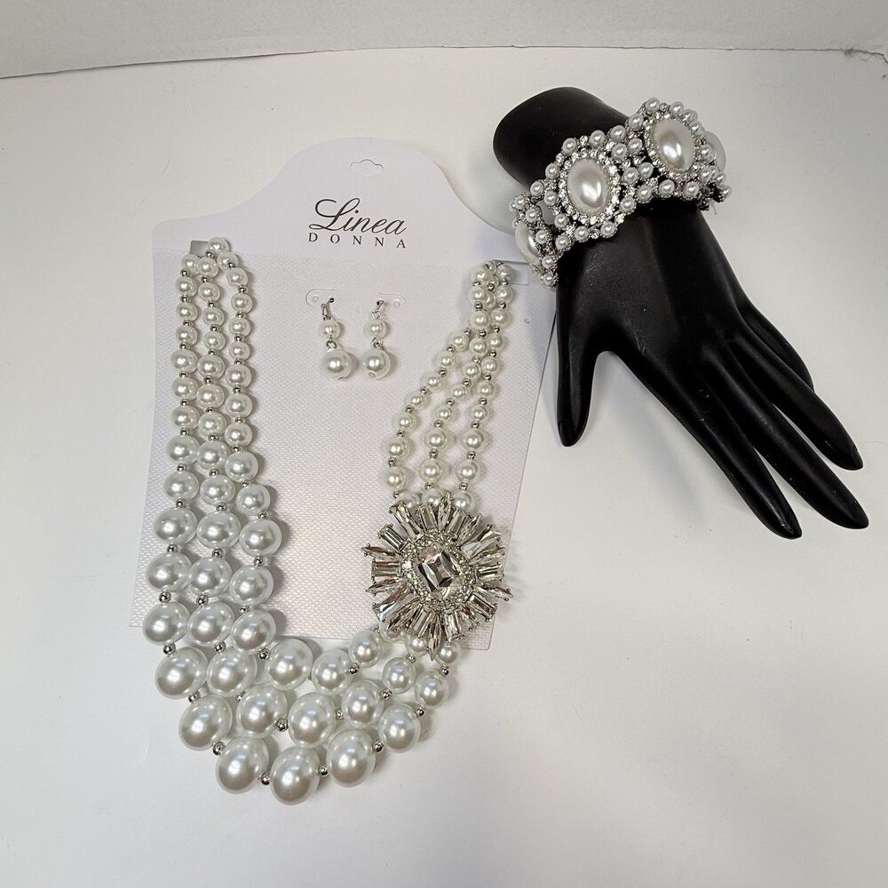 Linea Donna White Faux Pearl Rhinestone Necklace Earring Bracelet Set New